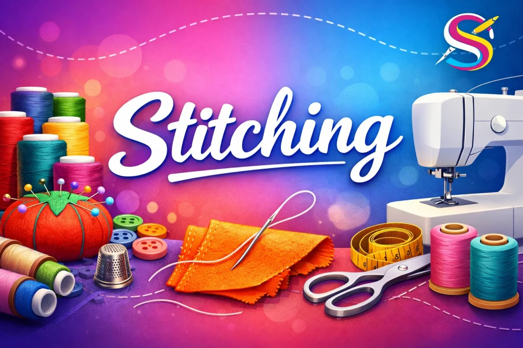 Stitching - colorful threads, scissors, fabric and sewing machine