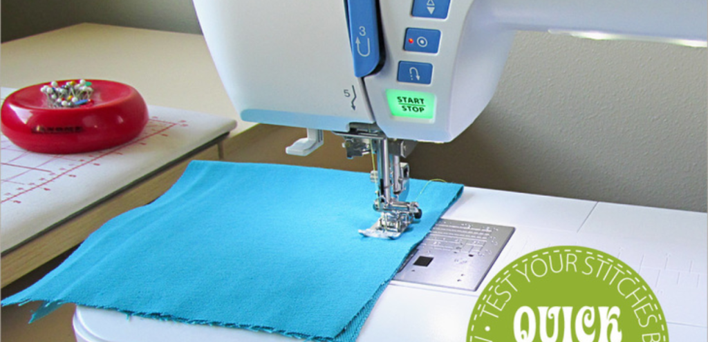 Testing stitches on scrap fabric before bridal dress