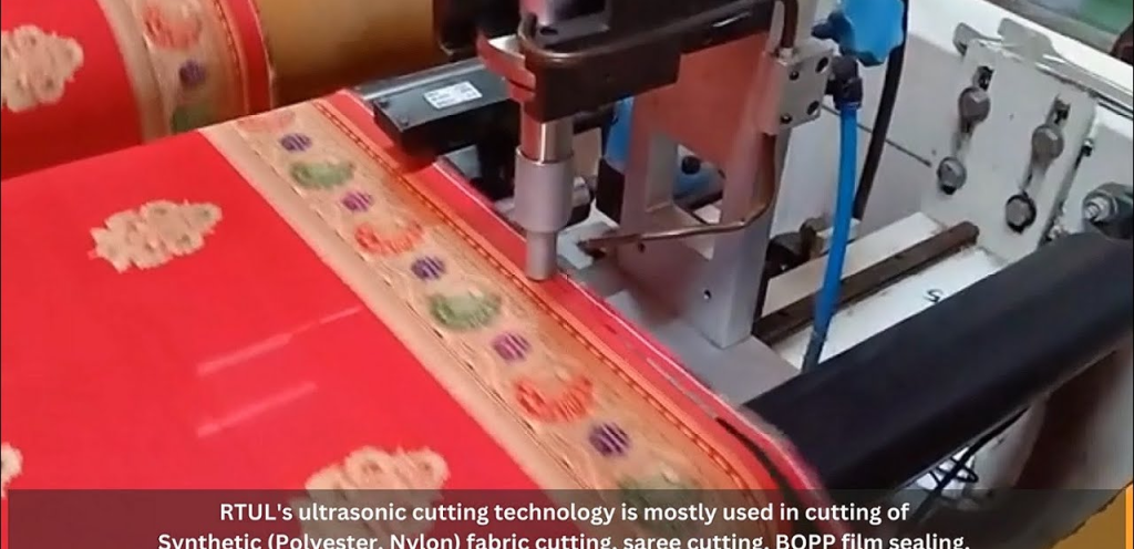 An ultrasonic fabric cutting machine using high-frequency sound waves to precisely cut and seal fabric edges simultaneously