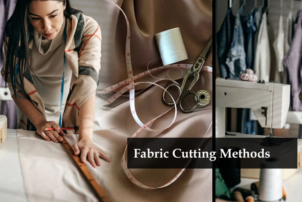 A beginner tailor using scissors to manually cut fabric on a cutting table a classic hand-cutting method for small shops