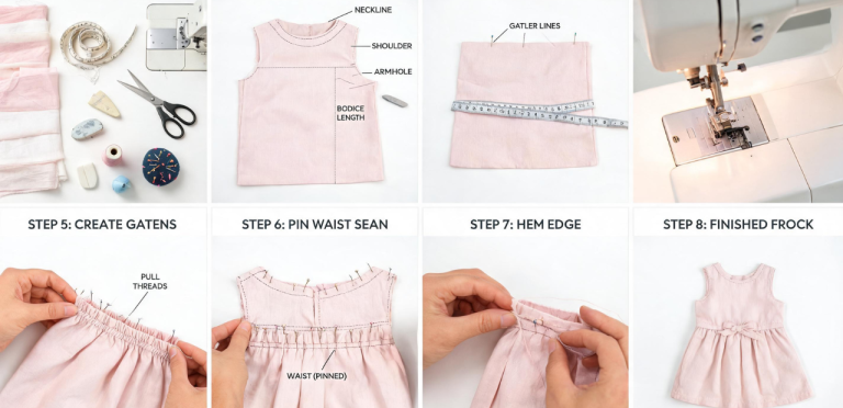 Baby frock cutting and stitching step by step showing fabric marking, stitching, and finishing process.