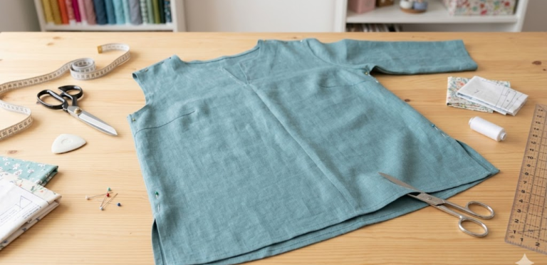 Beginner friendly easy tunic sewing pattern on wooden table with scissors and measuring tape.