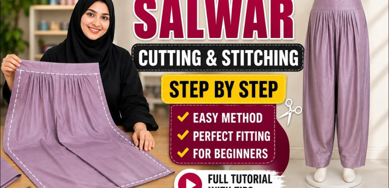 Woman in hijab holding lavender salwar fabric with cutting lines, next to a mannequin wearing finished pants. Text reads "Salwar Cutting & Stitching Step by Step - Easy Method for Beginners."