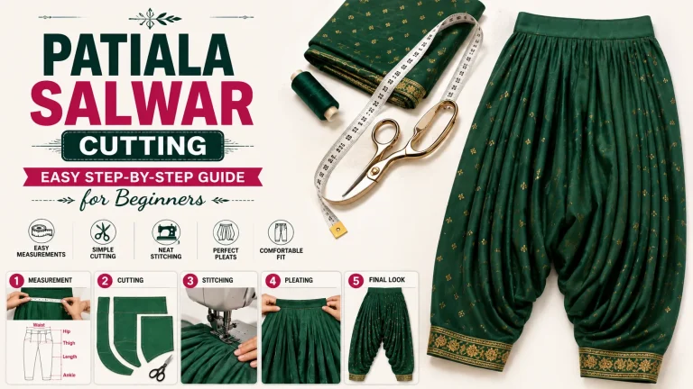 Patiala Salwar cutting guide with sewing tools and step-by-step illustrations.
